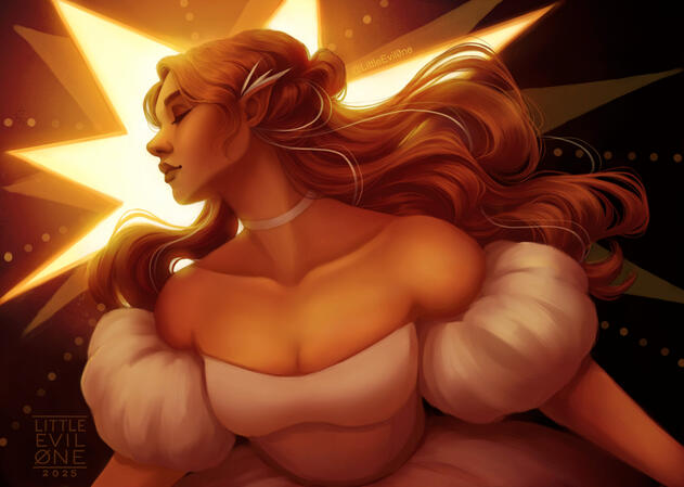 An elf girl in a ball gown turns towards a starburst of light, hair trailing behind her