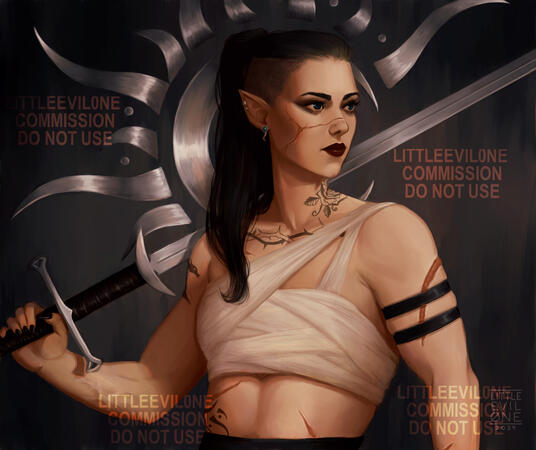 A buff tattooed scarred woman holds her sword on her shoulder. A crescent moon/sun symbol in metal behind her