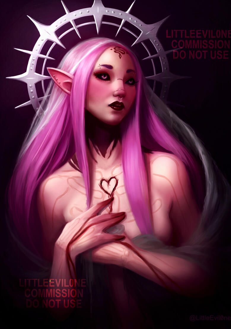 Bloody Valentine A pink haired Tattooed elf with bone scars, a bedraggled veil, a bleeding heart carved into her chest and a spike metal halo behind her