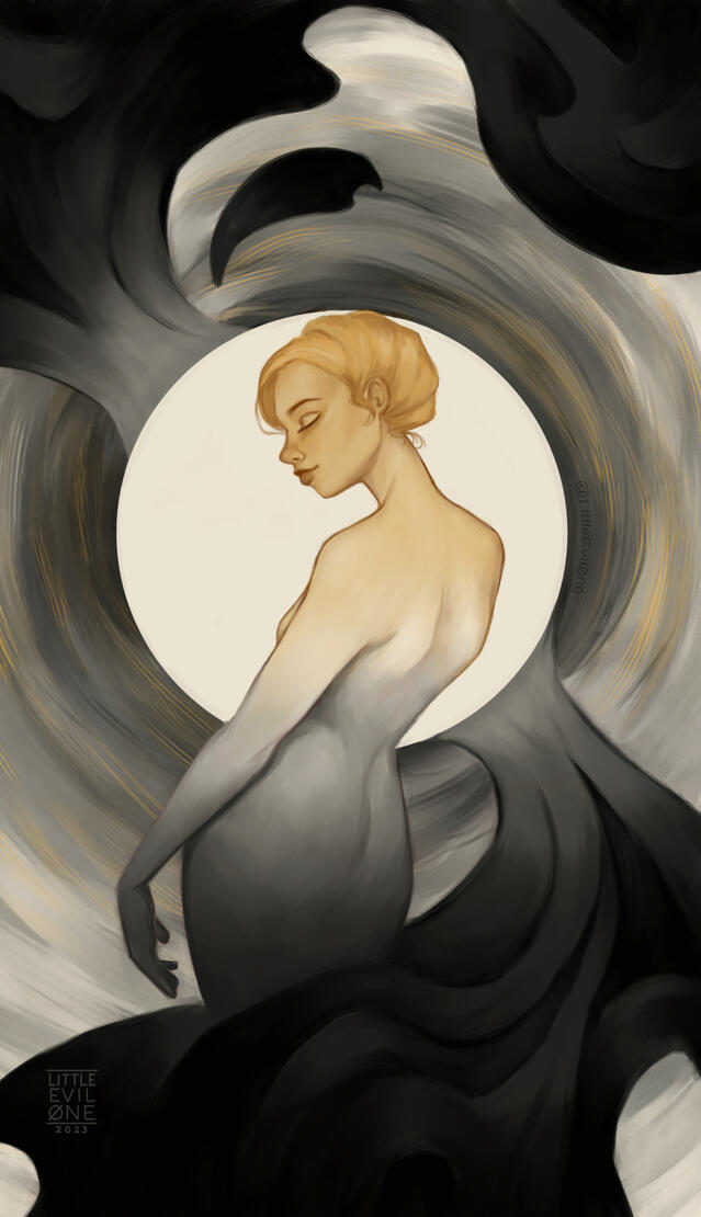 Whisper Woman stands in vortex surround by black and white swirls.