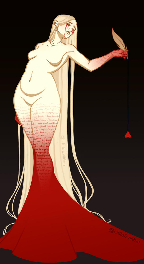 A pale mournful ghost woman holds a quill dripping red liquid in the shape of a heart. On her thighs and hands, red writing fades to solid red, creating a bloody skirt train
