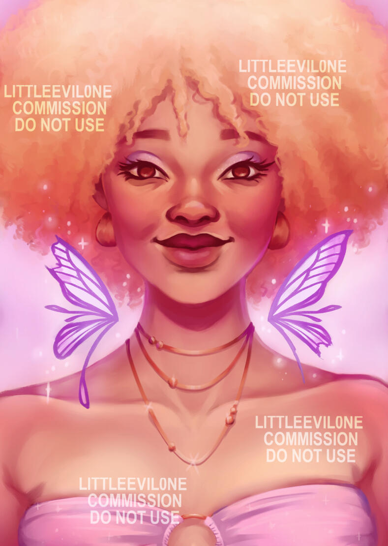 Untitled A blonde fairy with natural curls wearing a purple tube top and copper necklace with purple and white wings on either side of her neck