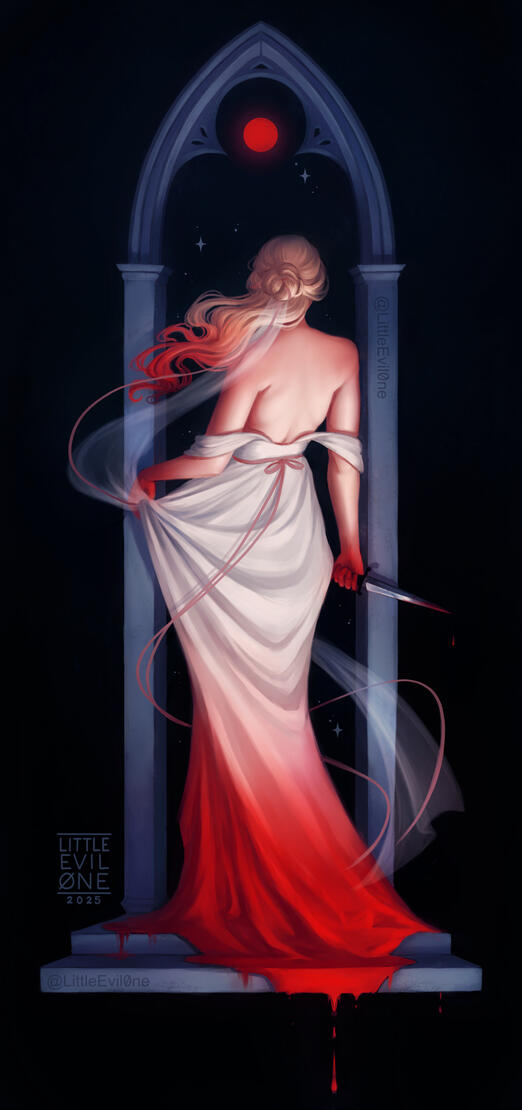 A bride in a white dress stands looking out a stone arch at a red moon while holding a bloodied knife. Her hands and hair are red with blood. The bottom of dress descends into a puddle of blood dripping off the steps.