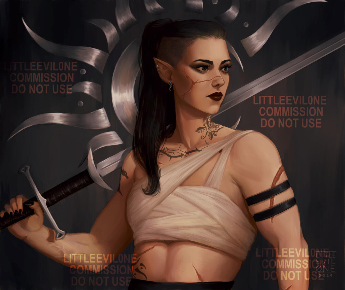 velya A buff tattooed scarred woman holds her sword on her shoulder. A crescent moon/sun symbol in metal behind her