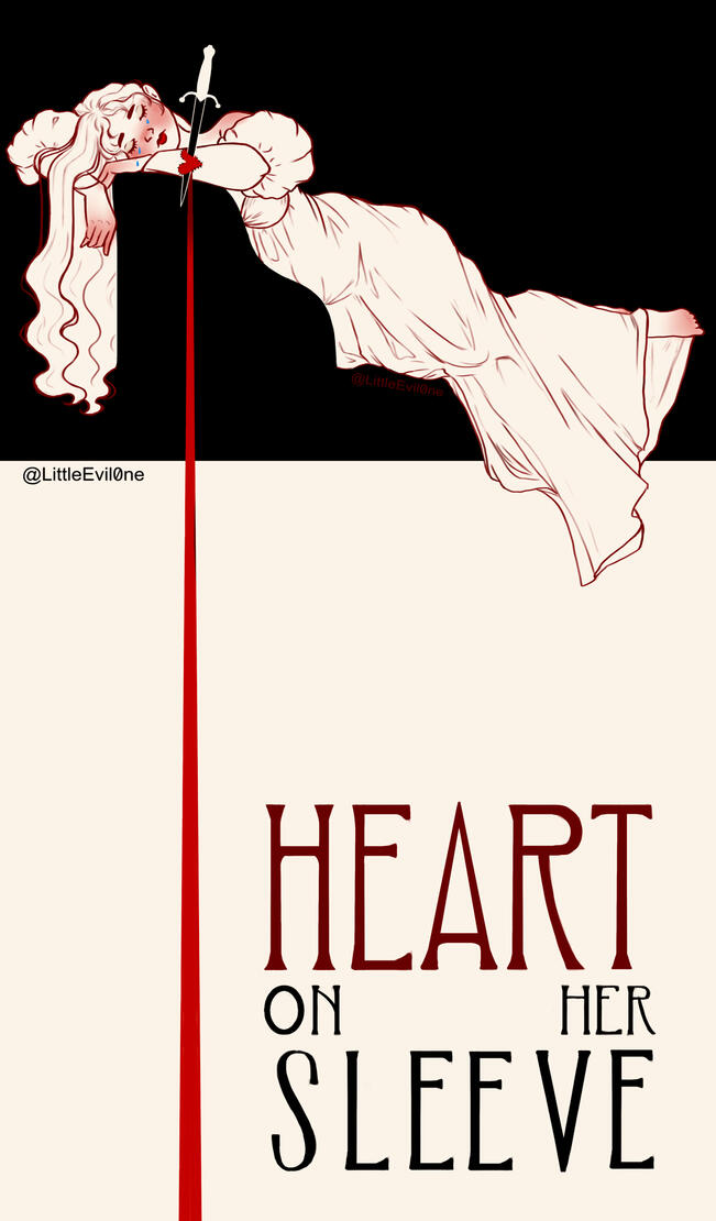 Heart on sleeve a weeping woman with a heart stitched onto her sleeve. The heart is been stabbed with a dagger bleeding a line of red. At the bottom of the page text reads Heart on her Sleeve