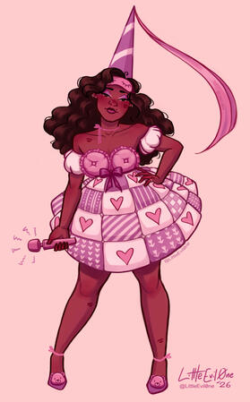 A woman with Curly brown hair and a bratty expression wearing a princess cone hat, sleep mask and puffy princess dress made from pillows and a quilted duvet. She's holding an adult wand and has teddy bears on her shoes
