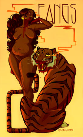 A growling tiger with orange smoke coming from her eyes sits with her tail wrapped around a woman's legs. The woman stands nude with stretchmarks and curly hair. Both the woman and tiger have bloody mouths. Text at the top reads Fangs