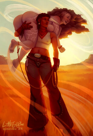 A cowgirl in chaps hoists her lassoed tornado elemental girlfriend on her shoulder in a field with the sun setting behind them. The laughing tornado girlfriend has storm cloud hair, lightning bolts across her body and is wrapped in swirls of wind. The cowg