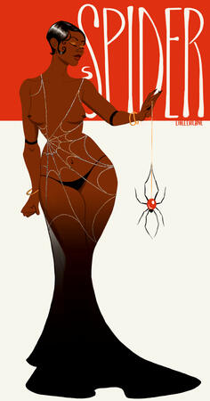 A black woman in a dress made of crystal chains to resemble a spiderweb dangles a jewel spider from a gold chain. Text reads "Spider"
