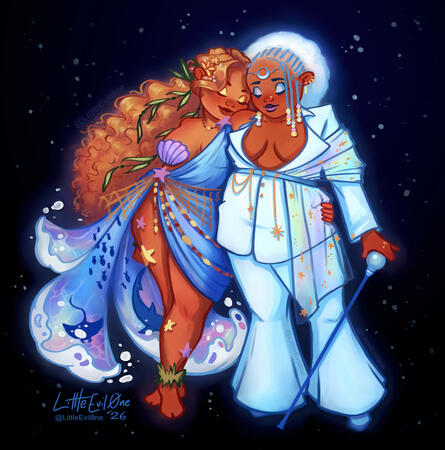 Two women embrace in a dark starry scene. One has Curly blonde hair, a clamshell on one breast and a dress made out of the sea, with Marine life swimming through and ending in a waves. She is decorated in beads seaweed and fishing net. The other woman wear