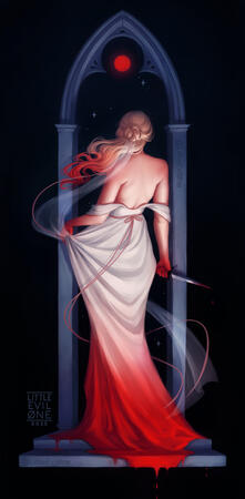 A bride in a white dress stands looking out a stone arch at a red moon while holding a bloodied knife. Her hands and hair are red with blood. The bottom of dress descends into a puddle of blood dripping off the steps.