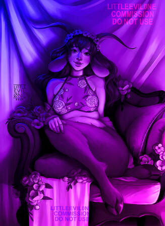 A satyr girl with a flower crown sits in a cozy armchair surrounded by flowers blanket and curtains