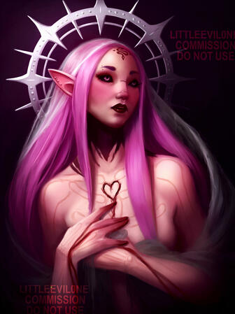 A pink haired Tattooed elf with bone scars, a bedraggled veil, a bleeding heart carved into her chest and a spike metal halo behind her