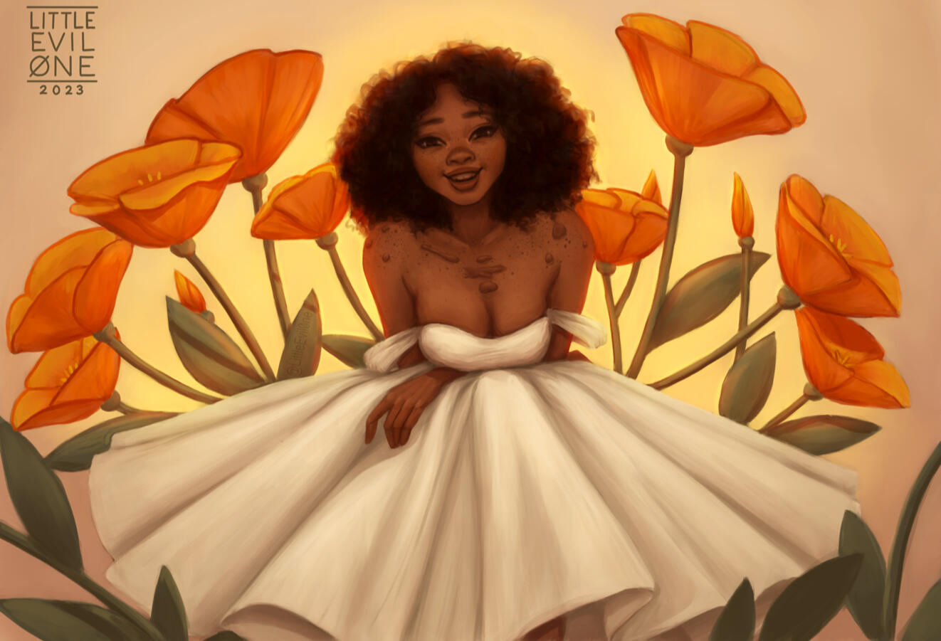 Smiling woman in a white dress surrounded by orange poppies. She has keloids on her chest and natural curls
