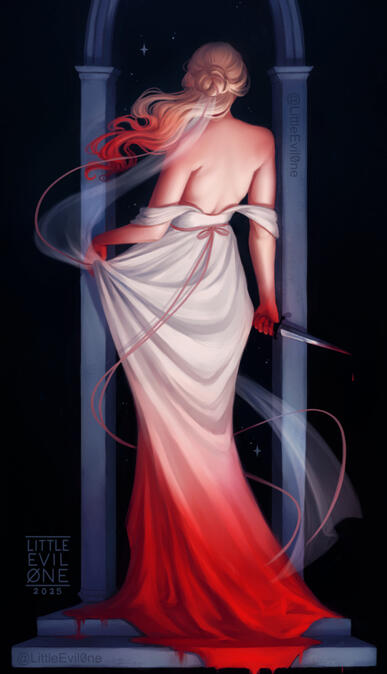 A bride in a white dress stands looking out a stone arch at a red moon while holding a bloodied knife. Her hands and hair are red with blood. The bottom of dress descends into a puddle of blood dripping off the steps.