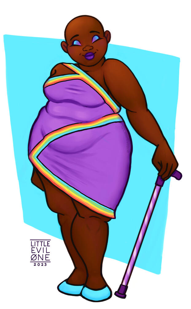 A bald plus sized woman with a cane in a purple dress with rainbow stripes