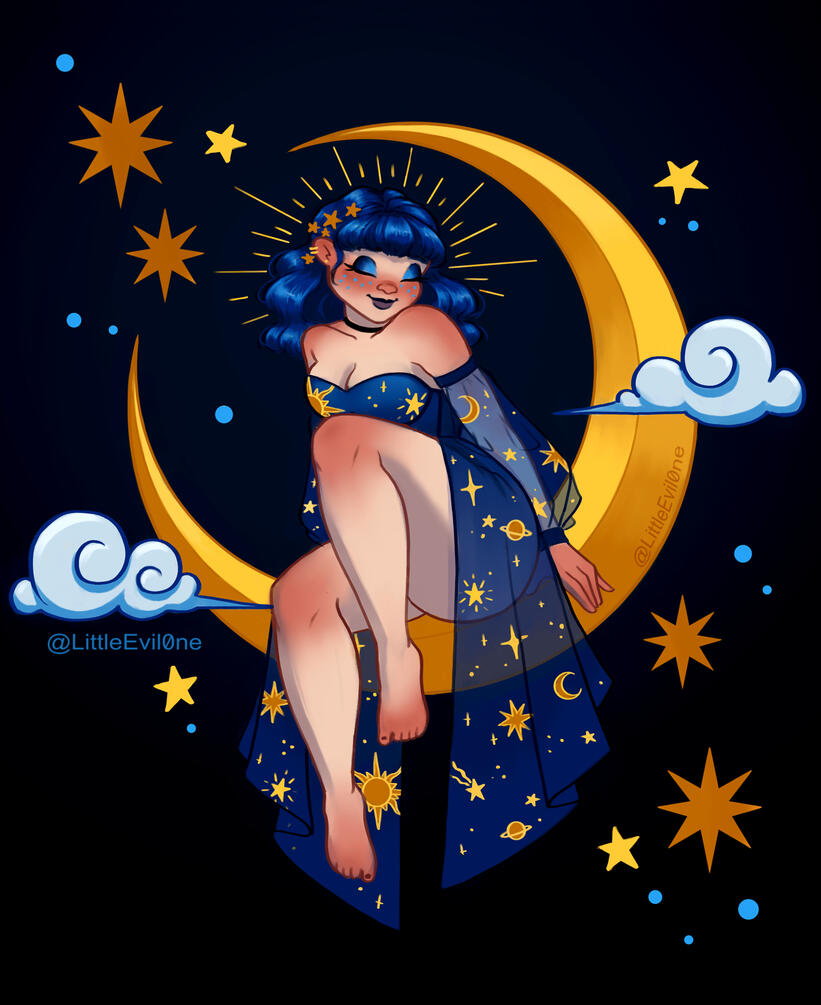 A blue haired woman sits in a gold crescent moon wearing a blue dress covered in gold celestial symbols. Around her are stars clouds and a halo