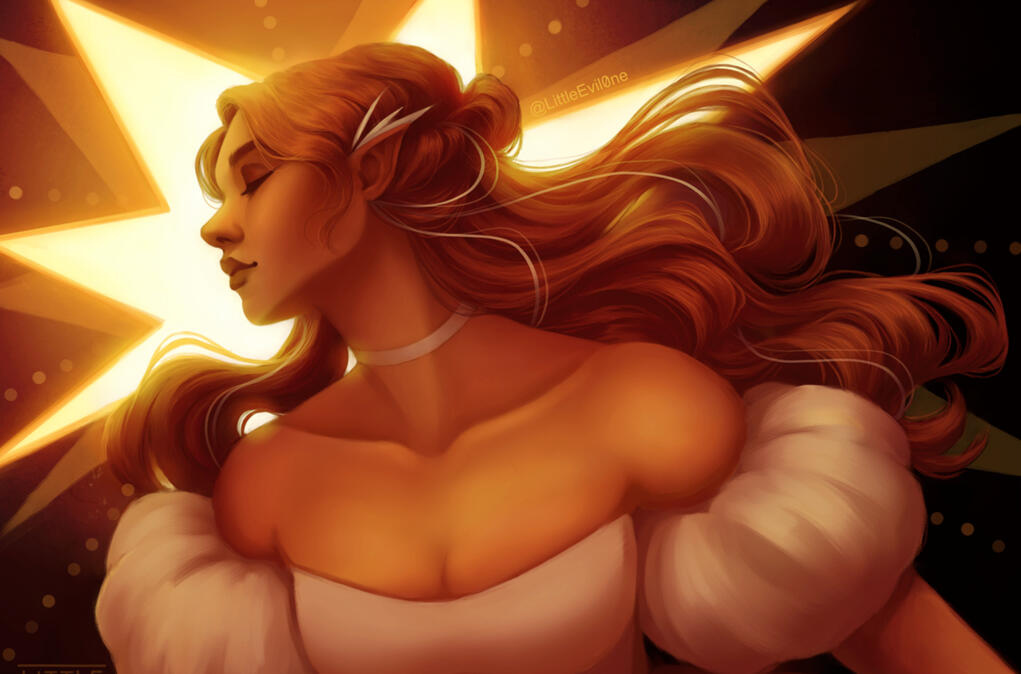 An elf girl in a ball gown turns towards a starburst of light, hair trailing behind her