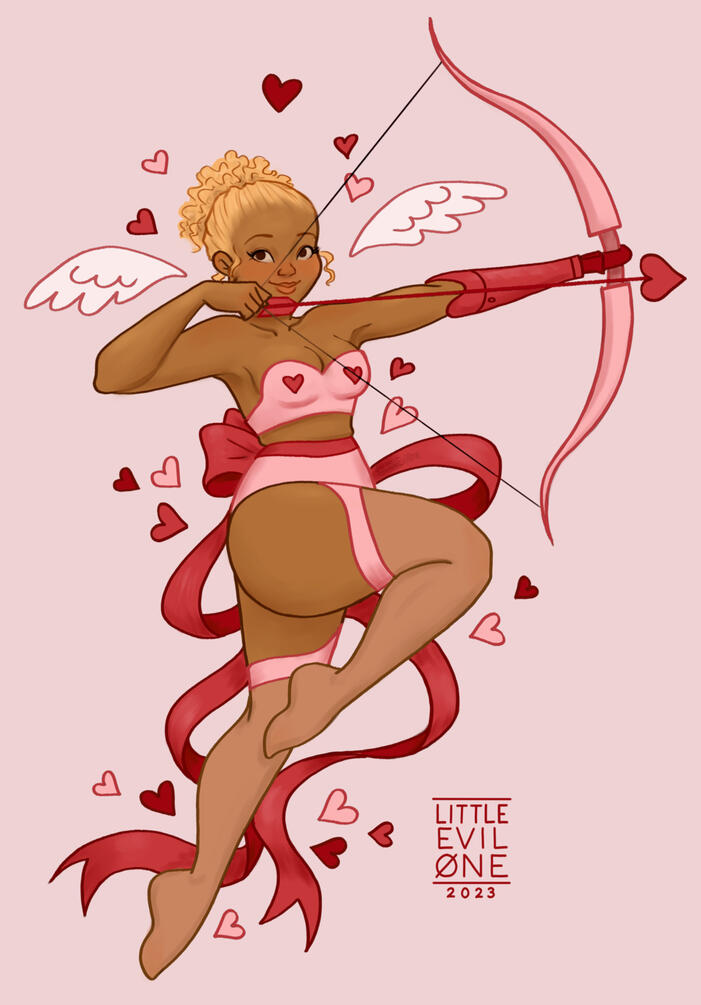 Cupid A cupid in pink lingerie wields her bow with a prosthetic arm surrounded by hearts