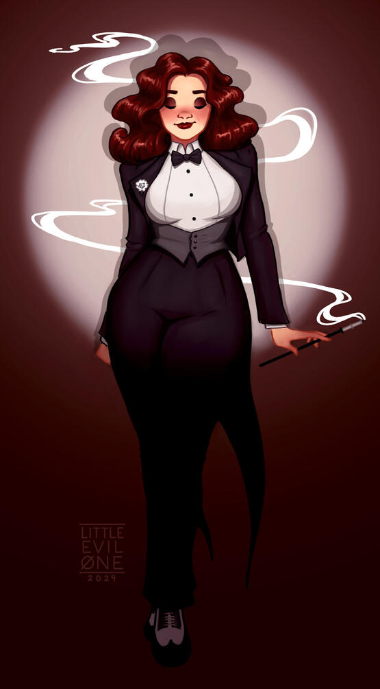 smoky noir A slender redheaded woman stands in a spotlight, smoking a cigarette while wearing a three piece suit with tails and no shirt