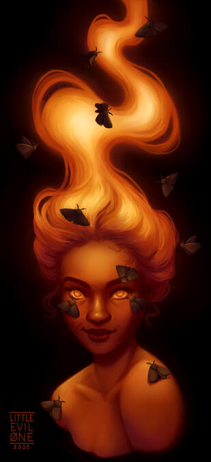 A portrait of a woman with flame hair and orange eyes. She is surrounded by moths lured to the flame of her hair and eyes