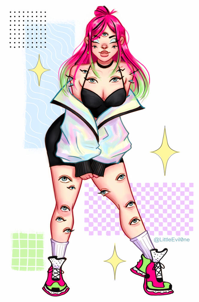 a woman, covered in eyes, wearing an iridescent jacket. Her hair and shoes are hot pink and green