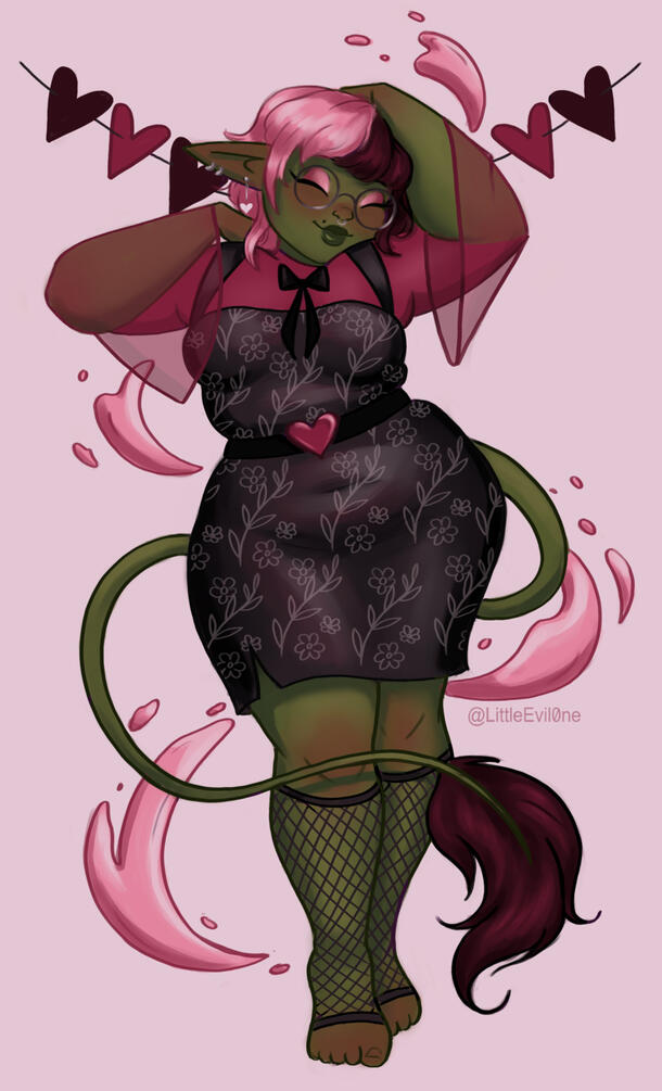 Goblin Girl Valentine A goblin girl with pink hair wears a patterned black dress, fishnet tights and a pink bell sleeve shirt. A banner of hearts hang behind her and pink liquid swirls