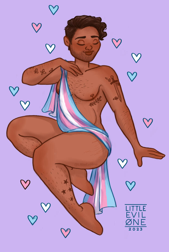Tattooed man with a trans flag draped over him surrounded by hearts
