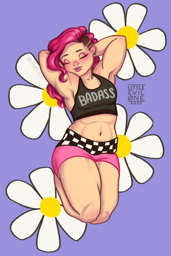 claire max Claire Maxx, a muscular woman, in a work out outfit that reads "Badass" flexing in front of a purple background with daisies