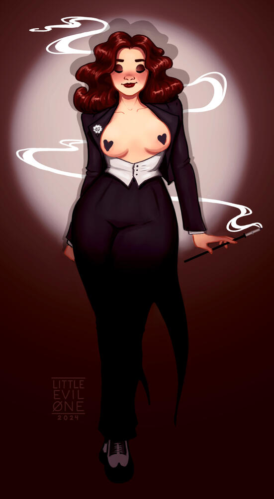 smoky noir A slender redheaded woman stands in a spotlight, smoking a cigarette while wearing a three piece suit with tails and no shirt