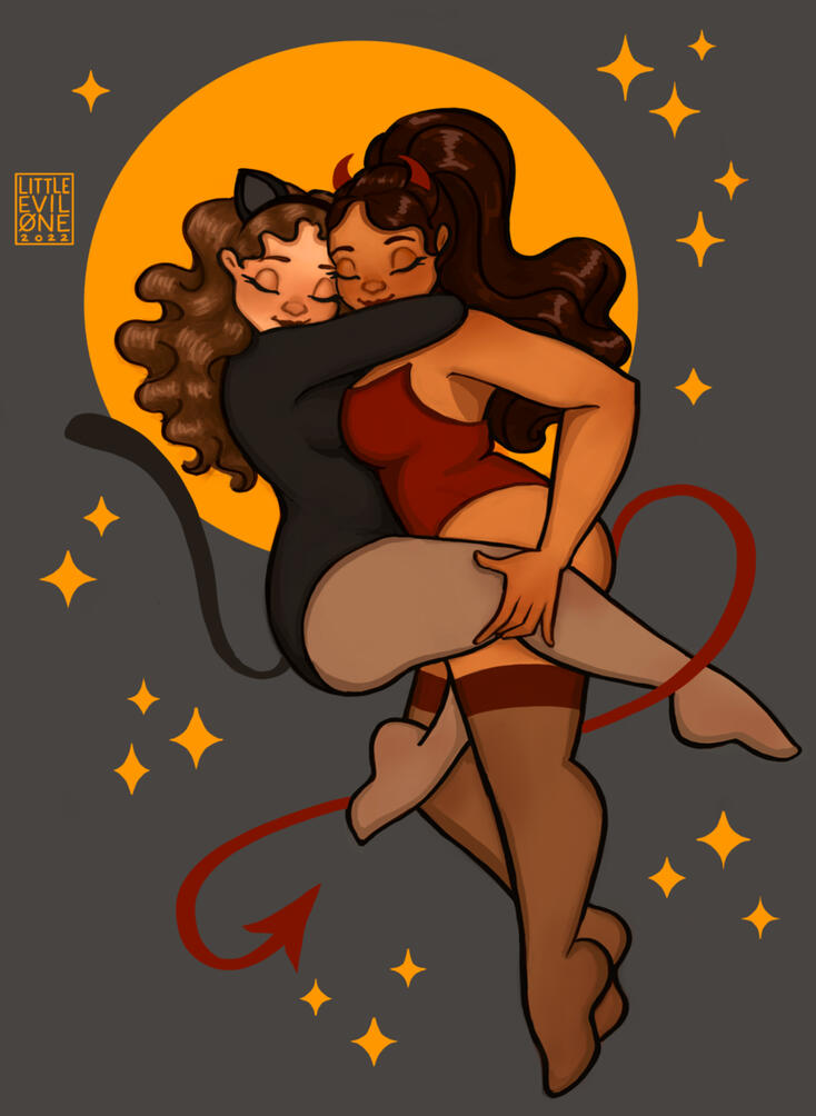 hell n kitty Lesbian couple in halloween costumes embrace in front of a full moon and stars. One is dress as a black kitty and the other as a devil