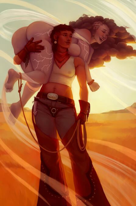 A cowgirl in chaps hoists her lassoed tornado elemental girlfriend on her shoulder in a field with the sun setting behind them. The laughing tornado girlfriend has storm cloud hair, lightning bolts across her body and is wrapped in swirls of wind. The cowg
