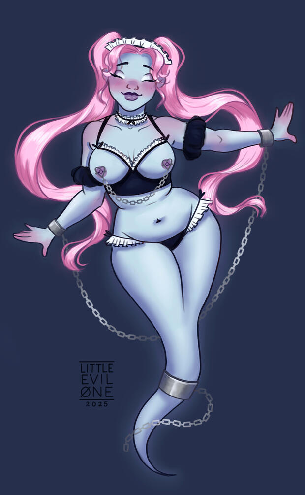 a blue ghost girl with pink ponytails wearing maid themed lingerie. Chains hang from her wrists tail and nipples
