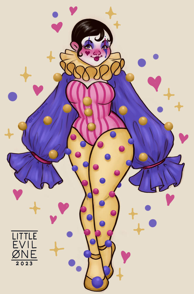 jester A jester in a pink corset with purple sleeves and a ruffle collar surrounded by hearts stars and polka dots
