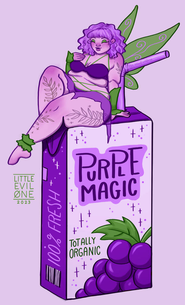 A plus sized tattooed purple fairy with green wings sits atop a purple grape juice box labeled "purple magic. totally organic.100% fresh"