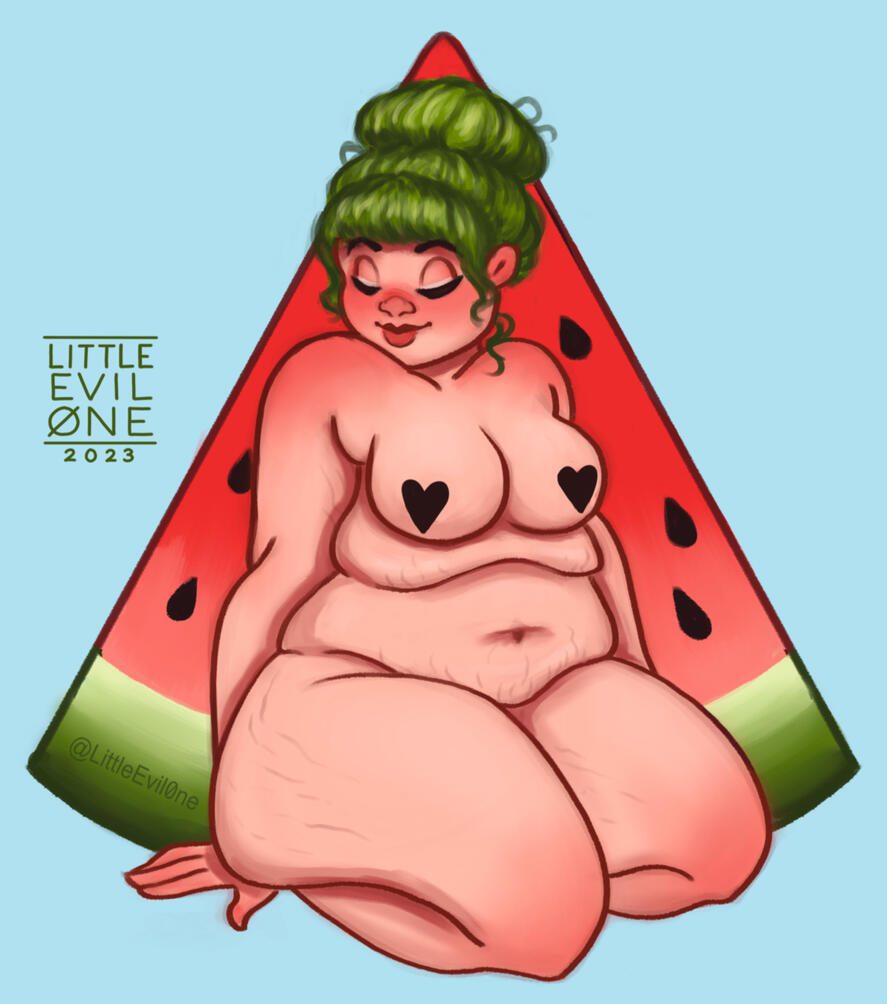 a nude plus sized woman with green hair and stretchmarks posing in front of a watermelon