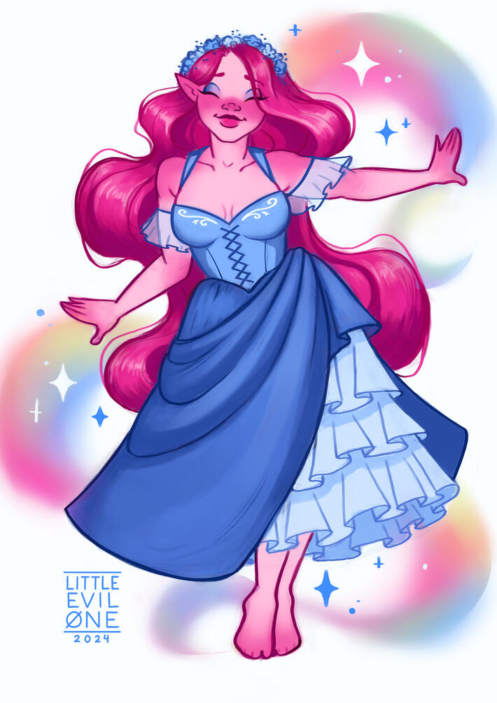 a pink elf with long pink hair in a blue dress. behind her rainbow colors and sparkles swirl