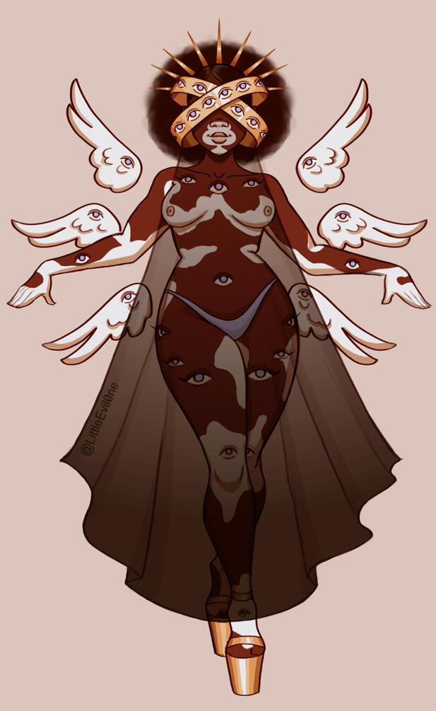 biblical pin up A nude black angel with vitiligo, covered in eyes surrounded by many wings. She wears a gold crown and headpiece and a dark veil