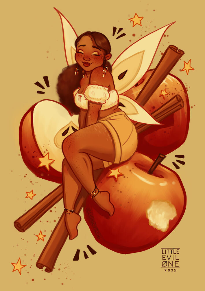 Apple Cinnamon A freckled fairy in a cream outfit with apple slice wings sits on one of the three apples surrounding her. Cinnamon sticks run through the apple pile trailed by Cinnamon dust and stars. Content warning for self harm scars