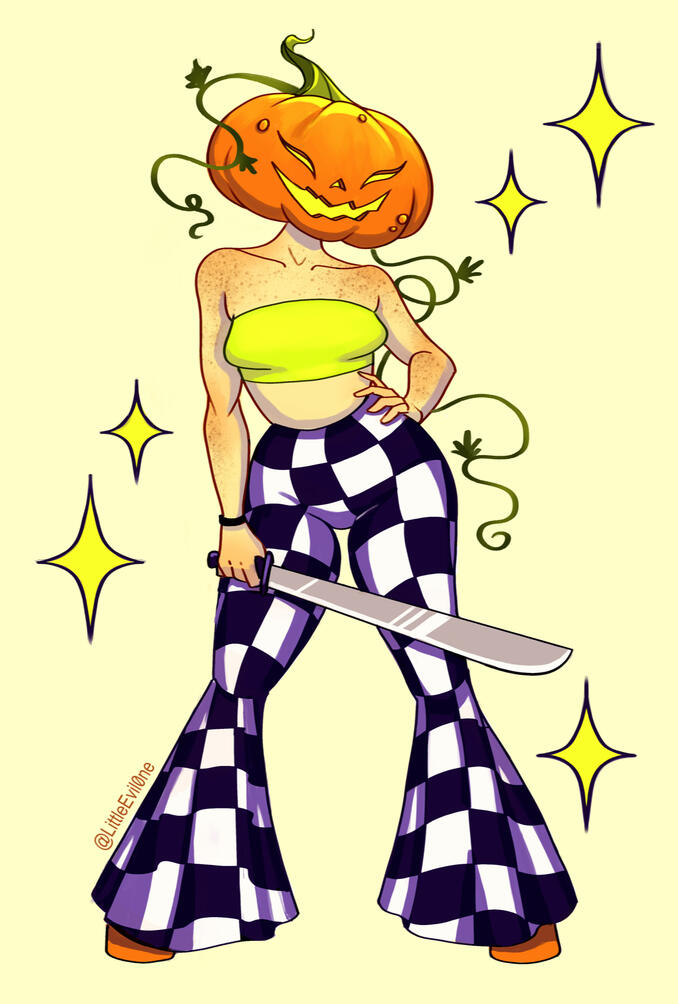 A freckled figure with a pumpkin head, tube top and checkered bell bottoms, grins menacingly while brandishing a machete