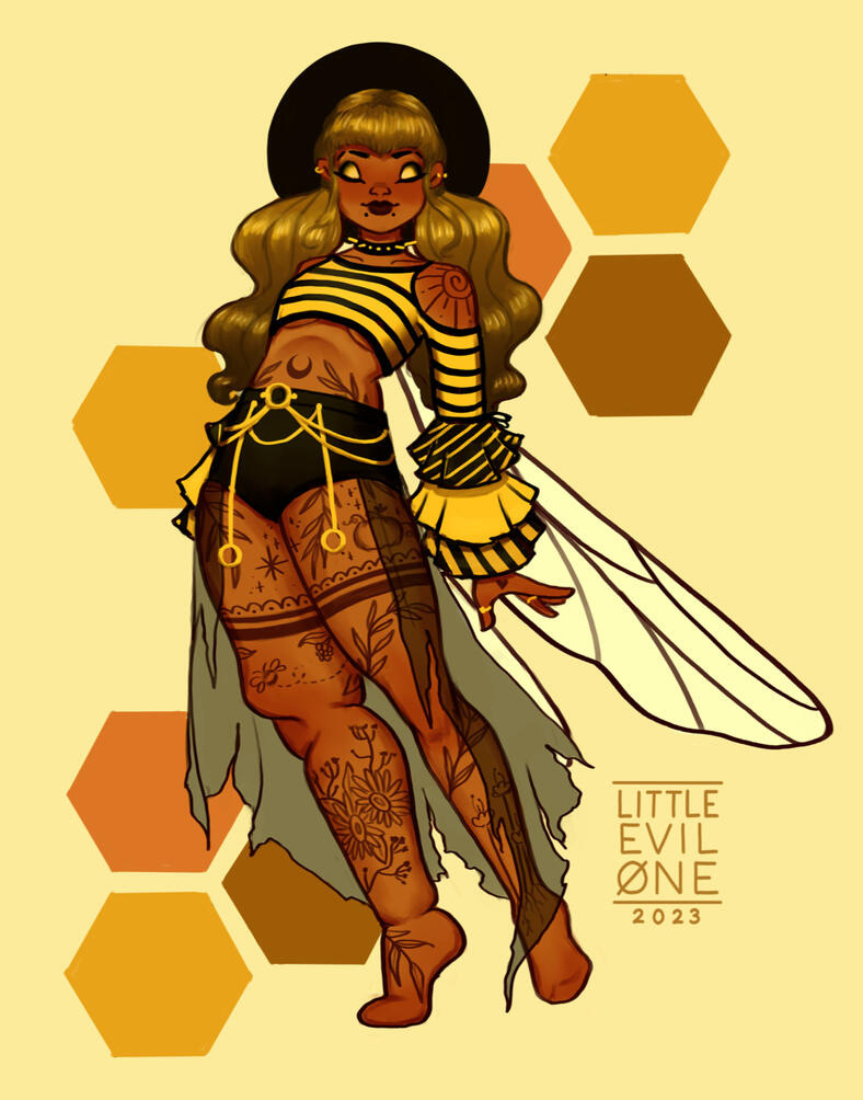 honey bee fairy A heavily tattooed fairy in alt black and yellow clothes and bee wings poses in front of a honey comb pattern