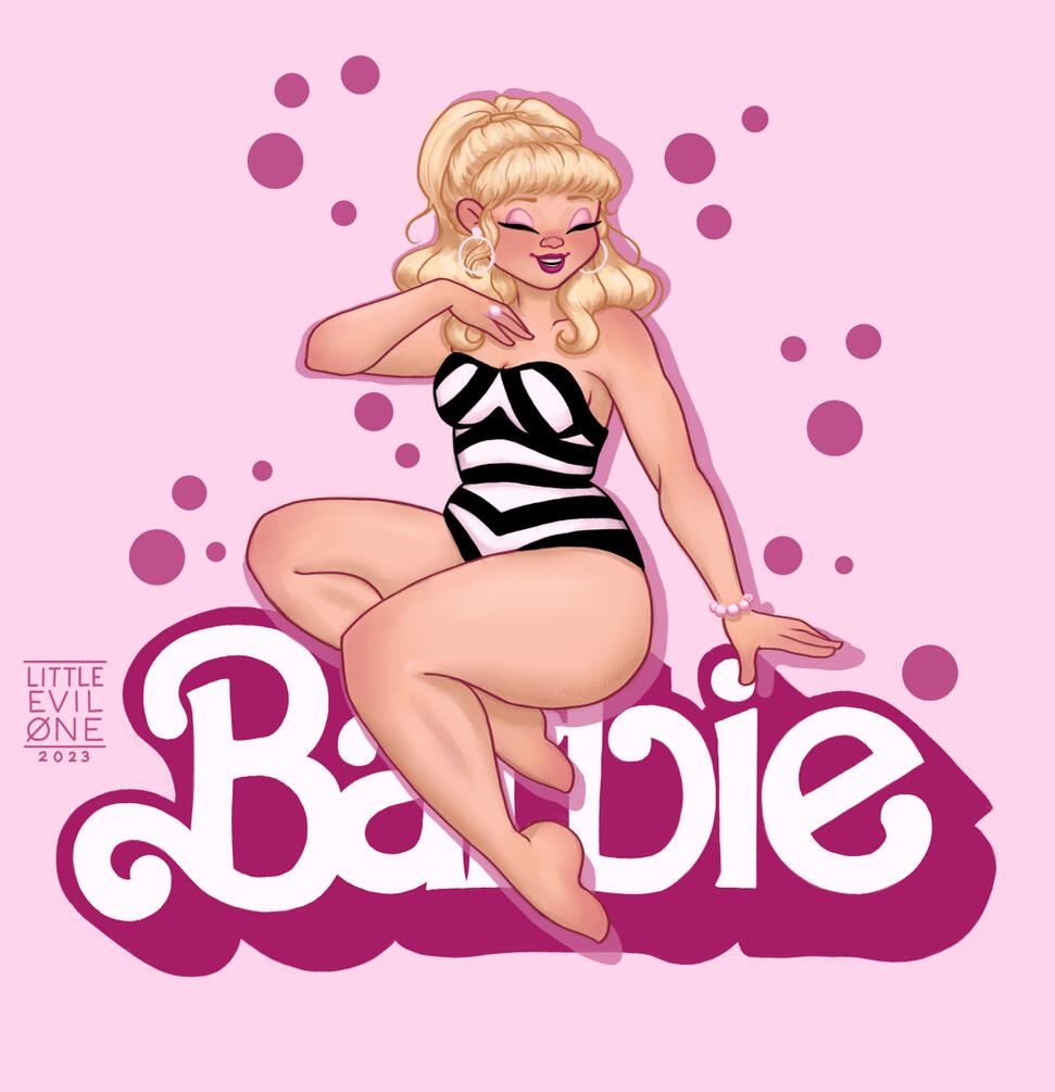 barbie Curvy blond barbie in a black and white swimsuit sitting on a barbie logo on a pink background