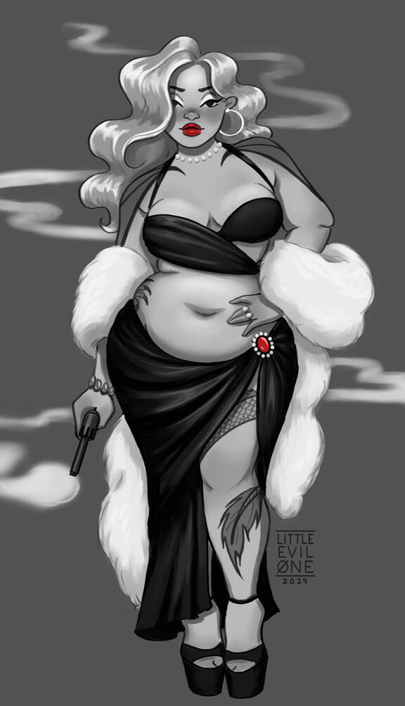 dragon noir In black and white, a plus size woman wearing a gown and boa holds a smoking gun. A dragon tattoo wraps from her legs up and around her shoulders