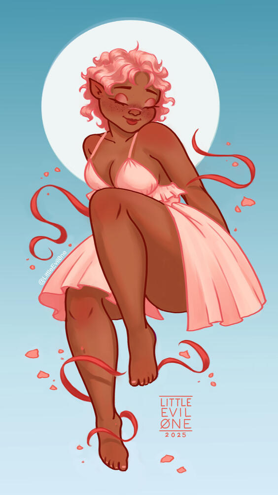 pink pin up A woman with short pink hair wears a ruffled light pink dress on a blue background. Pink swirls and petals float around her