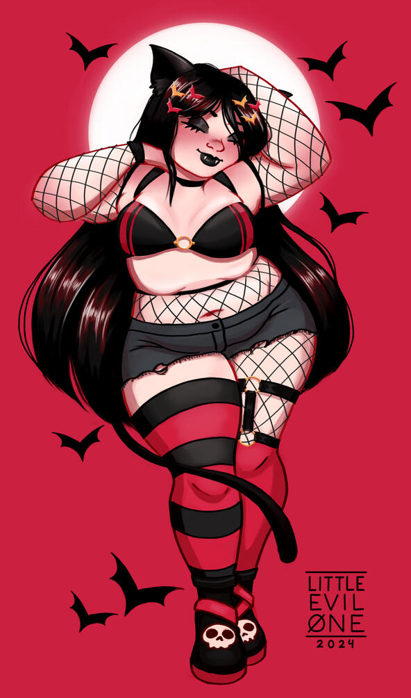 A plus sized vampire cat girl wear fishnets and red and black striped clothing while bats fly towards a full moon