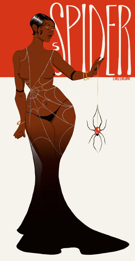 A black woman in a dress made of crystal chains to resemble a spiderweb dangles a jewel spider from a gold chain. Text reads "Spider"