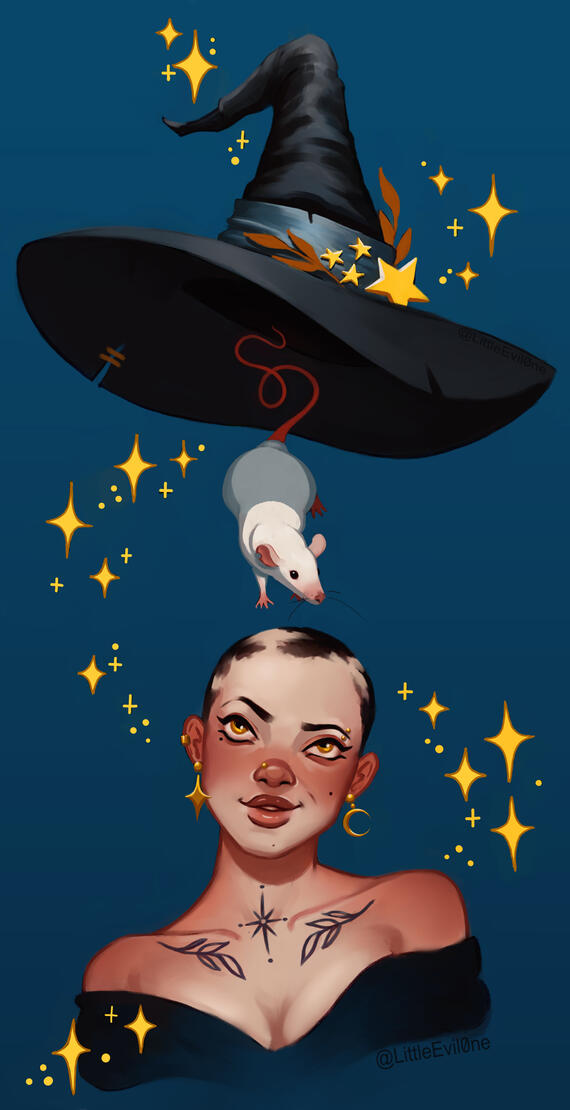 rat witch A tattooed witch with alopecia smiles up at her rat familiar and witch's hat magically floating away