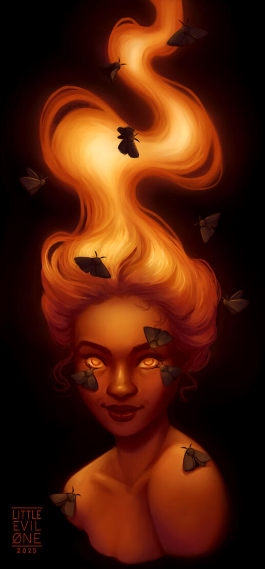 A portrait of a woman with flame hair and orange eyes. She is surrounded by moths lured to the flame of her hair and eyes