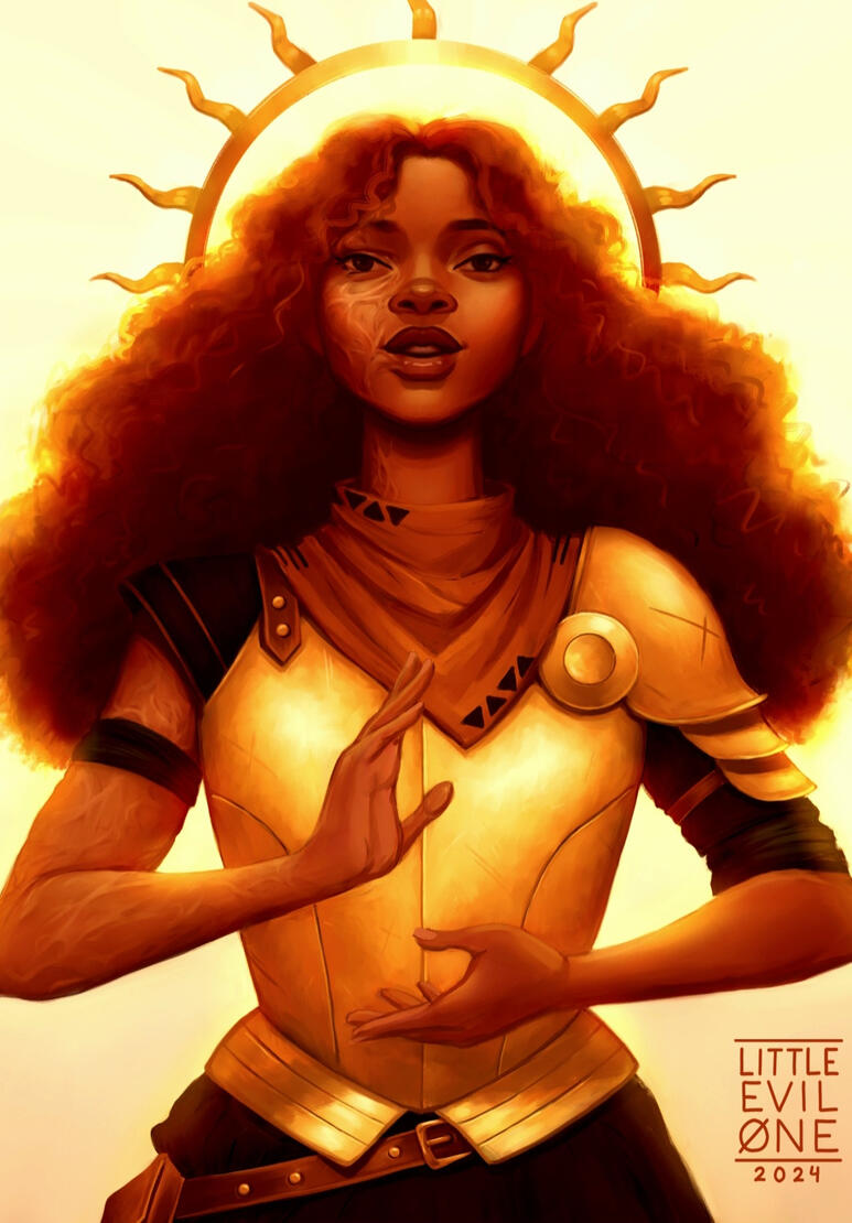 sun Paladin A paladin with burn scars on her face and arms wears golden armor with a gold sun halo