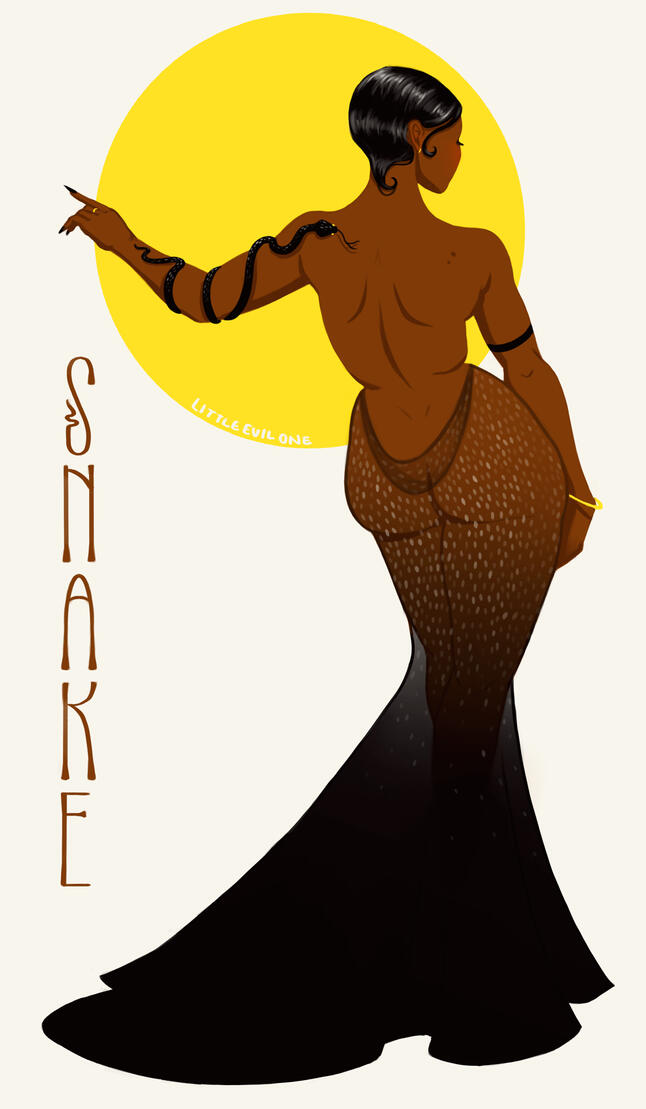 snake a black woman with fingerwaves stands with her back to the viewer, arm out stretched. A black snake winds around her arm. Her translucent scaled dress fades into a black train. There is a yellow circle and text that reads Snake